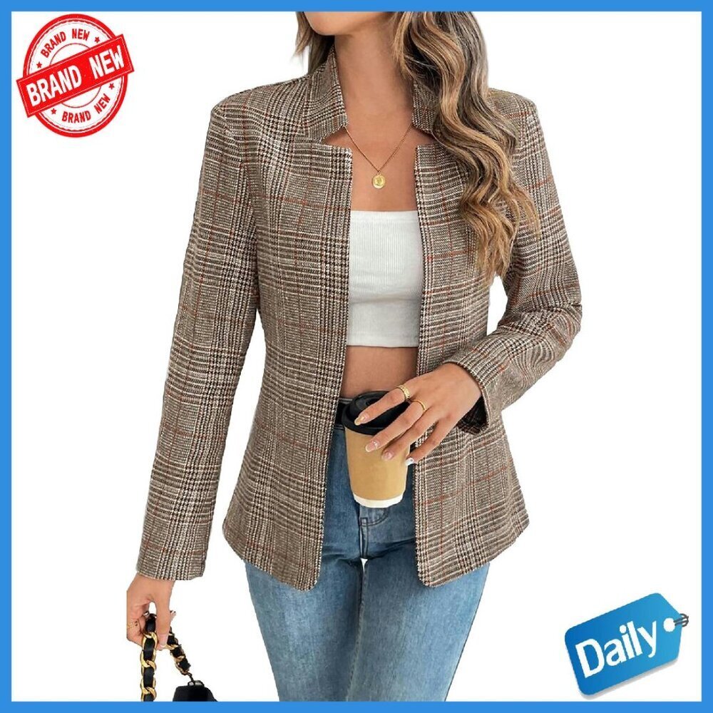 Women's Plaid Blazer Open Front Stand Collar Houndstooth Suit Jacket